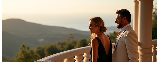 Successful couple admiring an expansive view from a luxury villa terrace, symbolizing their new dream home.