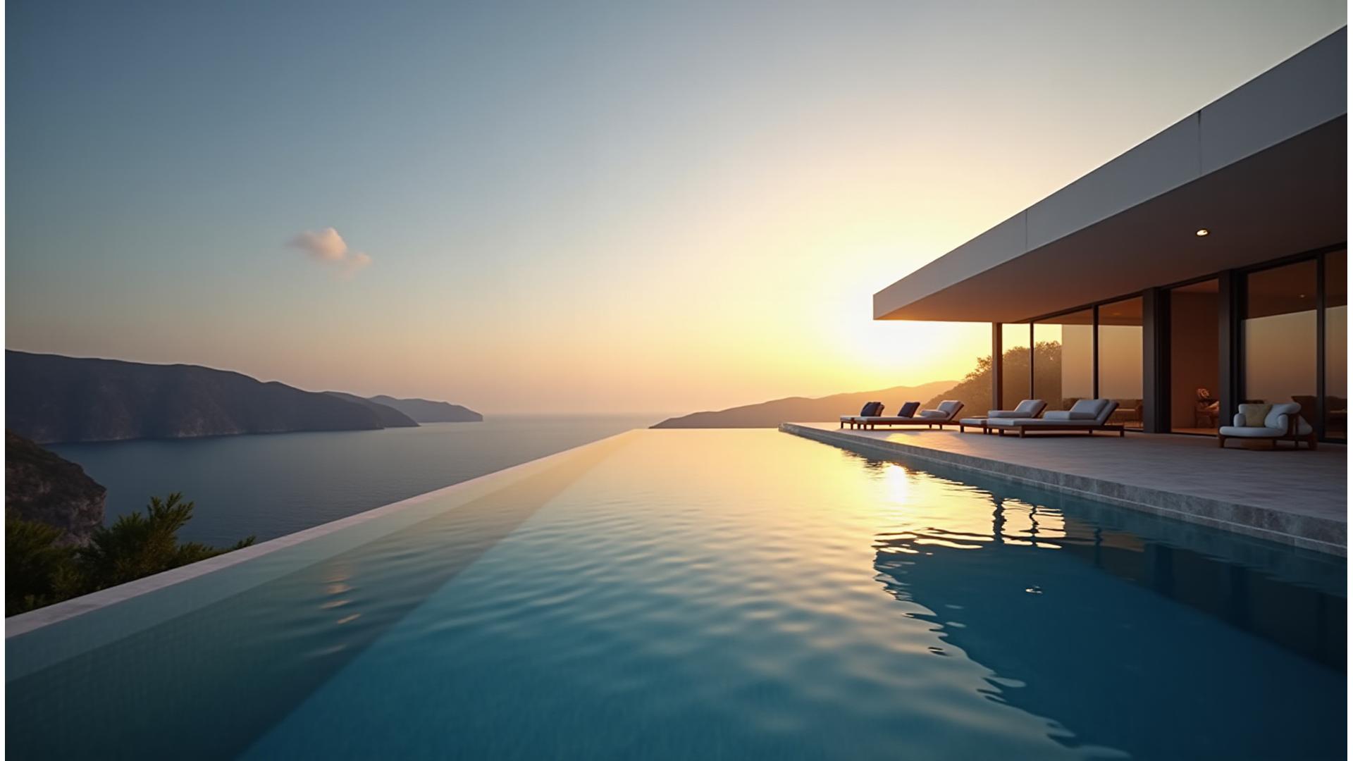 Stunning modern luxury villa with infinity pool overlooking a picturesque coastline at sunset, embodying aspirational living.