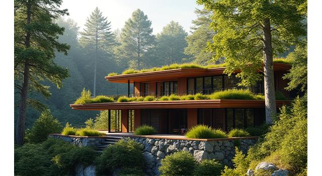 Sustainable luxury home nestled in a forested landscape, featuring natural materials and integrated green technologies.