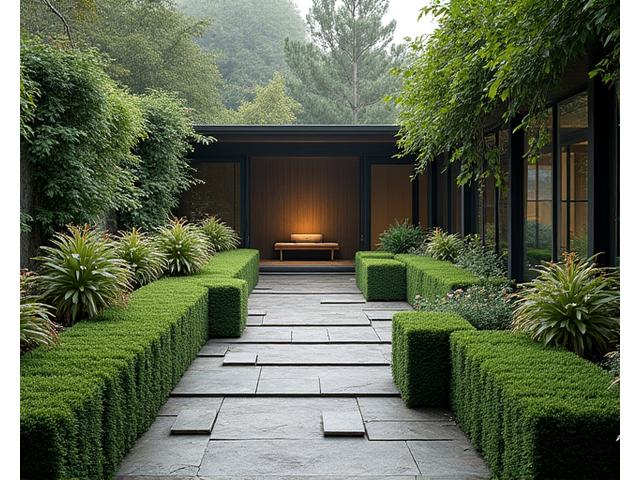 Meticulously landscaped private garden with tranquil meditation areas, an elegant stone path, indigenous flora, and soft accent lighting, creating a serene, secluded sanctuary.