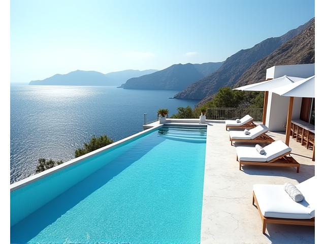 A luxurious coastal villa with direct beach access, featuring an infinity pool that merges with the ocean horizon, expansive sun decks, and an outdoor bar area, ideal for seaside entertaining.