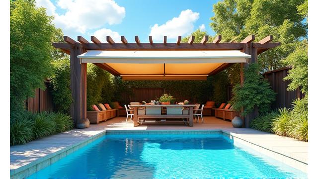 A vibrant summer outdoor living space with a large shaded dining area under a retractable awning, an outdoor misting system, and a sparkling pool, perfect for hot weather comfort and entertaining.