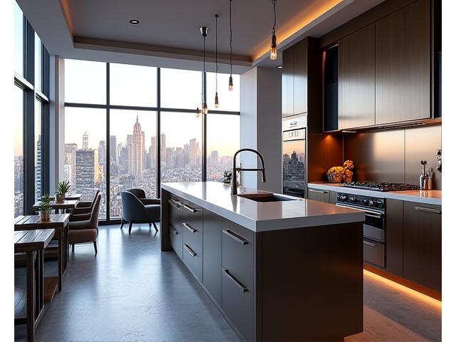Contemporary penthouse kitchen with island overlooking cityscape
