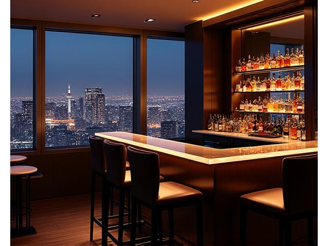 Exclusive penthouse private bar with city lights in background