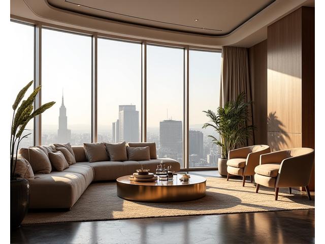 Luxury penthouse living room with city skyline views