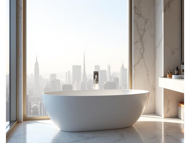 Luxury penthouse bathroom with freestanding tub and city view