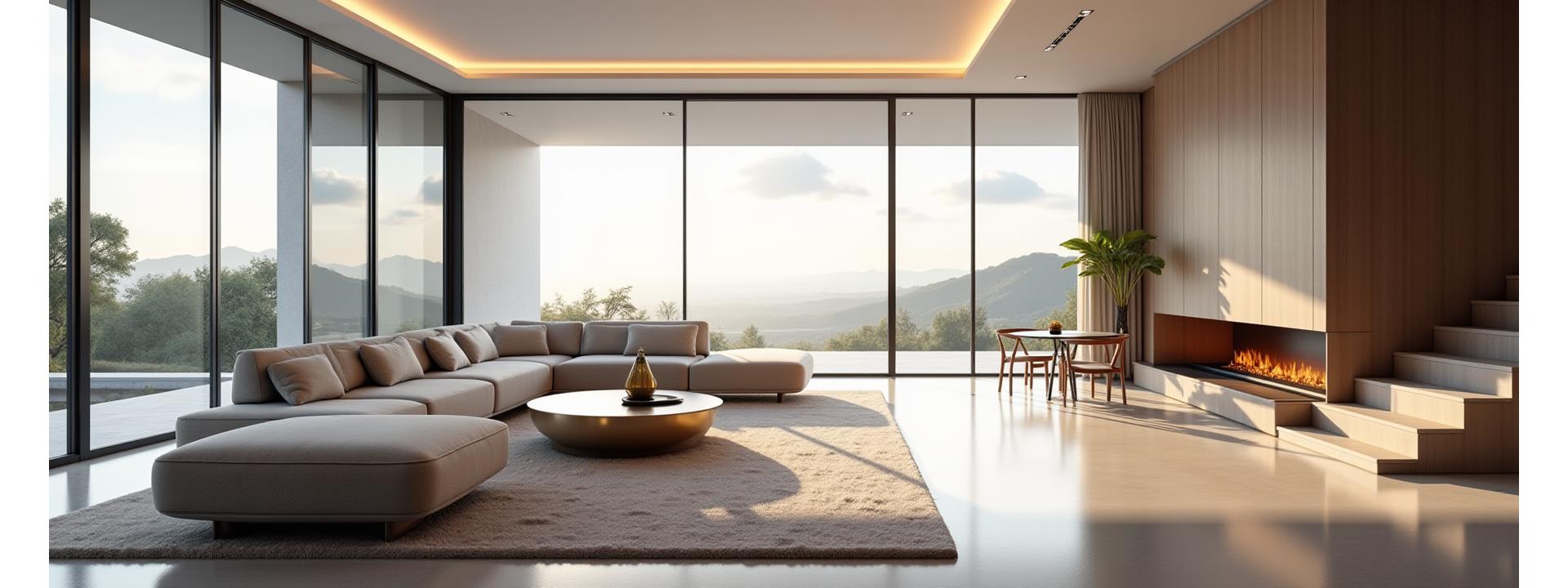 Sleek modern villa interior with open-concept living space and high ceilings.