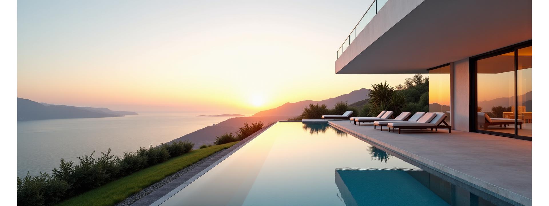 Luxury villa terrace overlooking a panoramic ocean view with minimalist furniture.