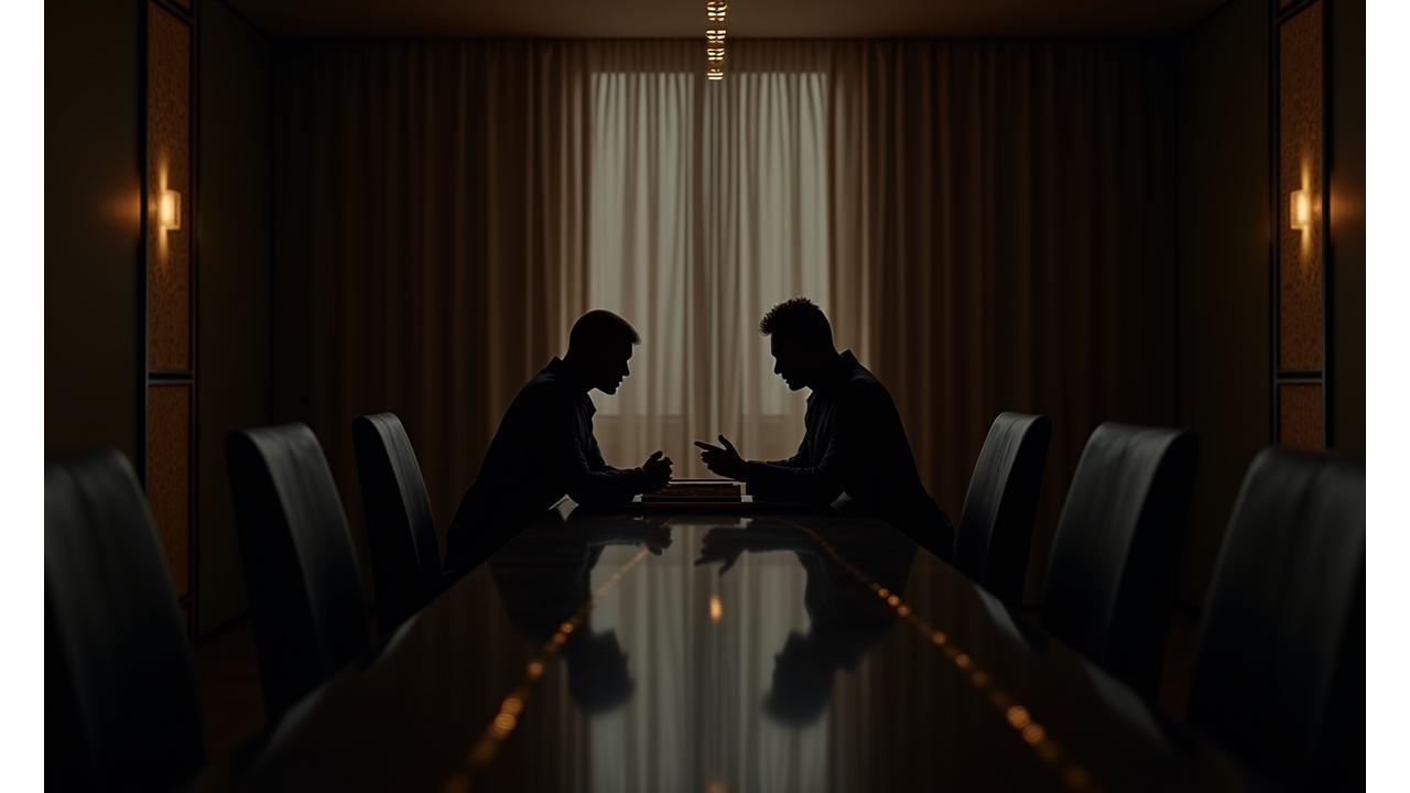 Luxurious, discreet meeting room with two figures in silhouette, conveying a sense of confidential discussion and high-value decision-making