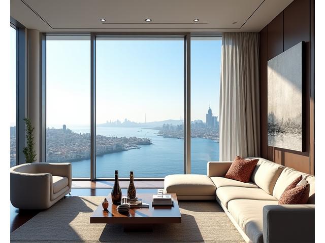 Luxury penthouse interior with high ceilings and expansive views of a coastal city.