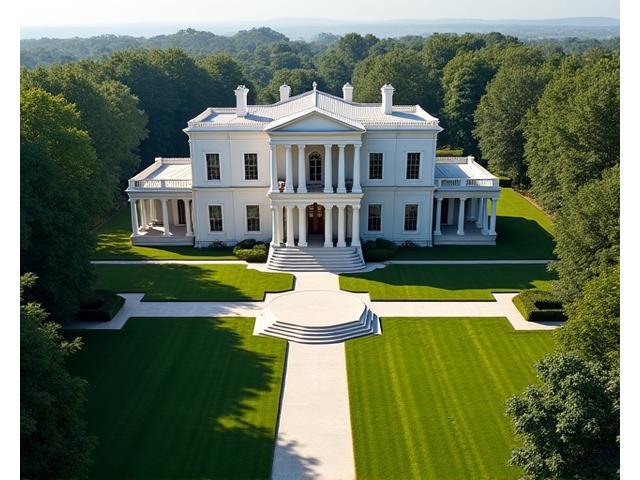 Spacious estate with classical architecture surrounded by mature trees and manicured gardens.