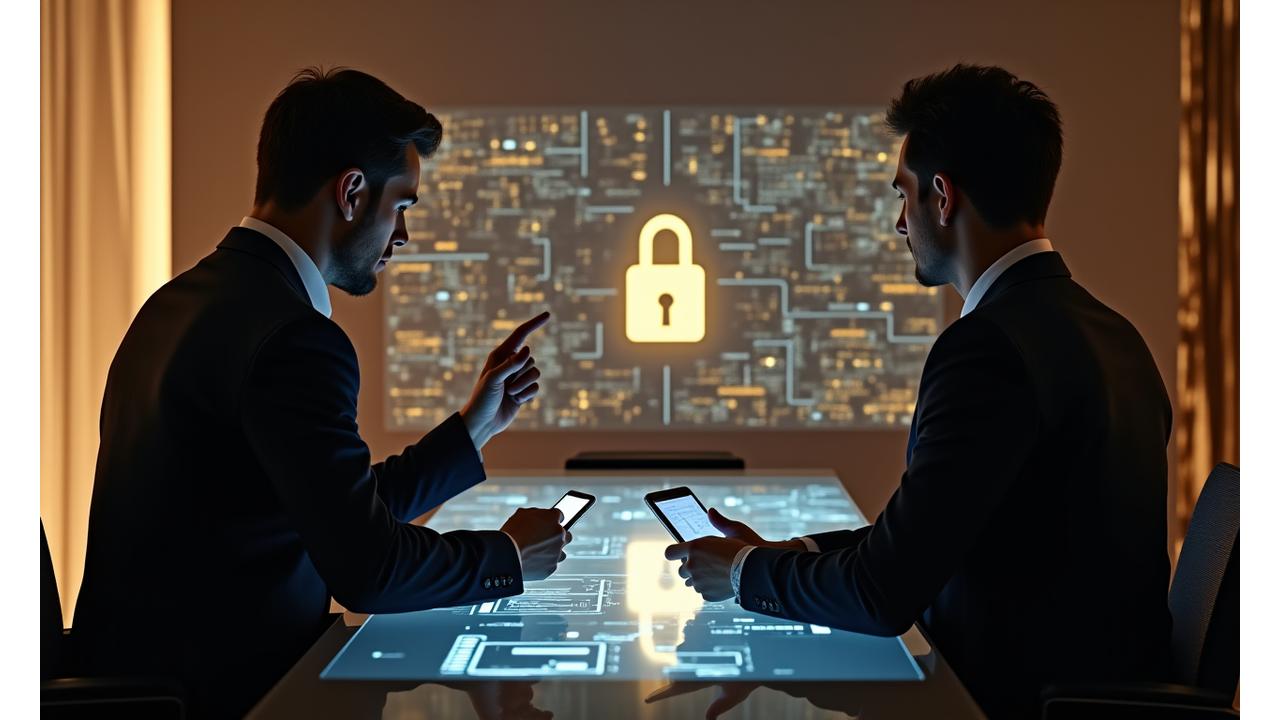 A professional security consultant in a modern office, reviewing blueprints and security schematics on a large screen with a client