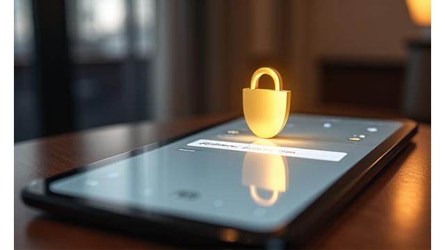Close-up of a secure, encrypted messaging interface on a tablet, with a subtle golden lock icon