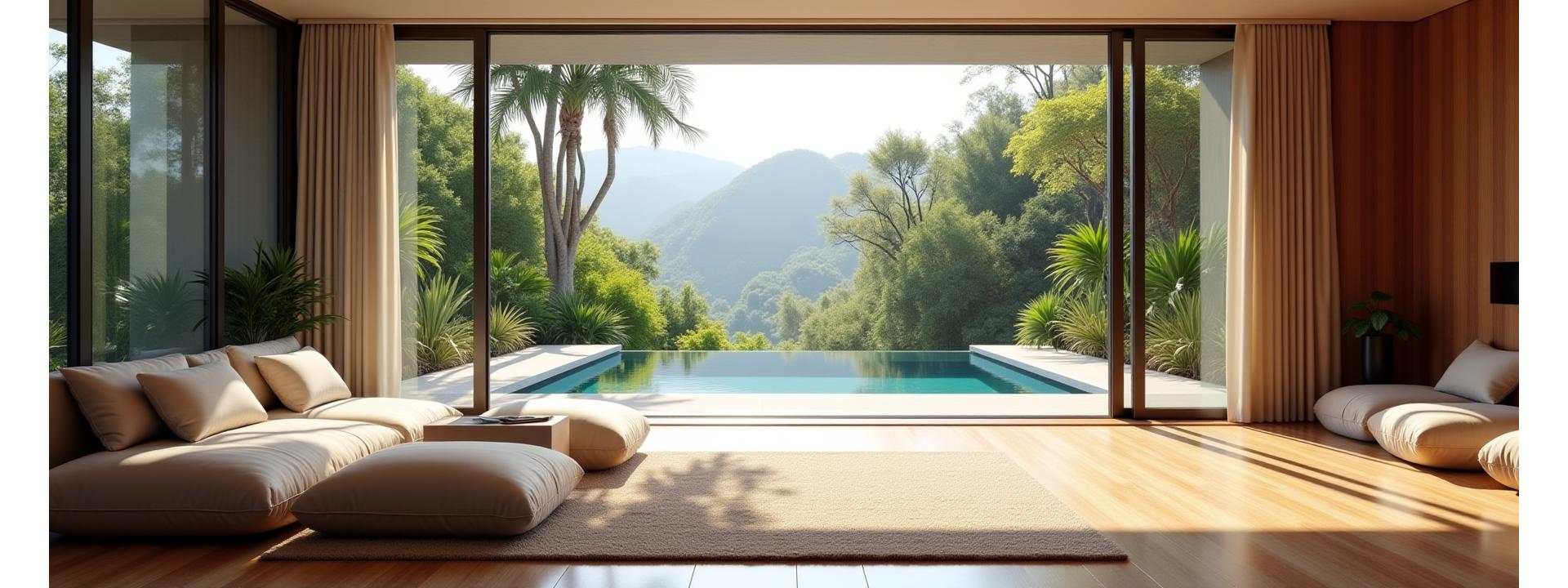 Serene modern living room with large windows overlooking lush greenery, featuring a dedicated meditation space and soft, natural light