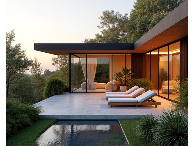 Modern villa with expansive glass walls, a rooftop meditation garden, and a private yoga studio
